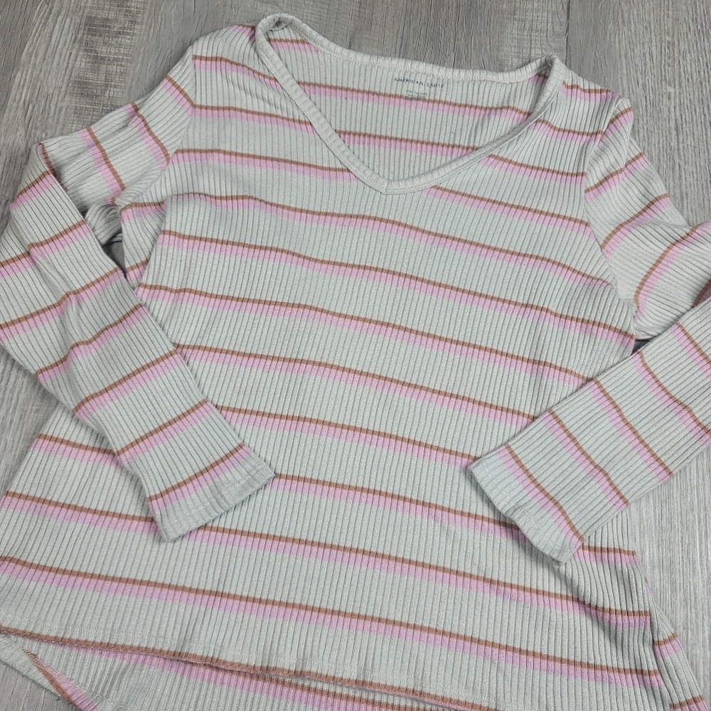 American Eagle Super Soft Striped Beige Longsleeve Blouse | Size XXL - Picture 2 of 7